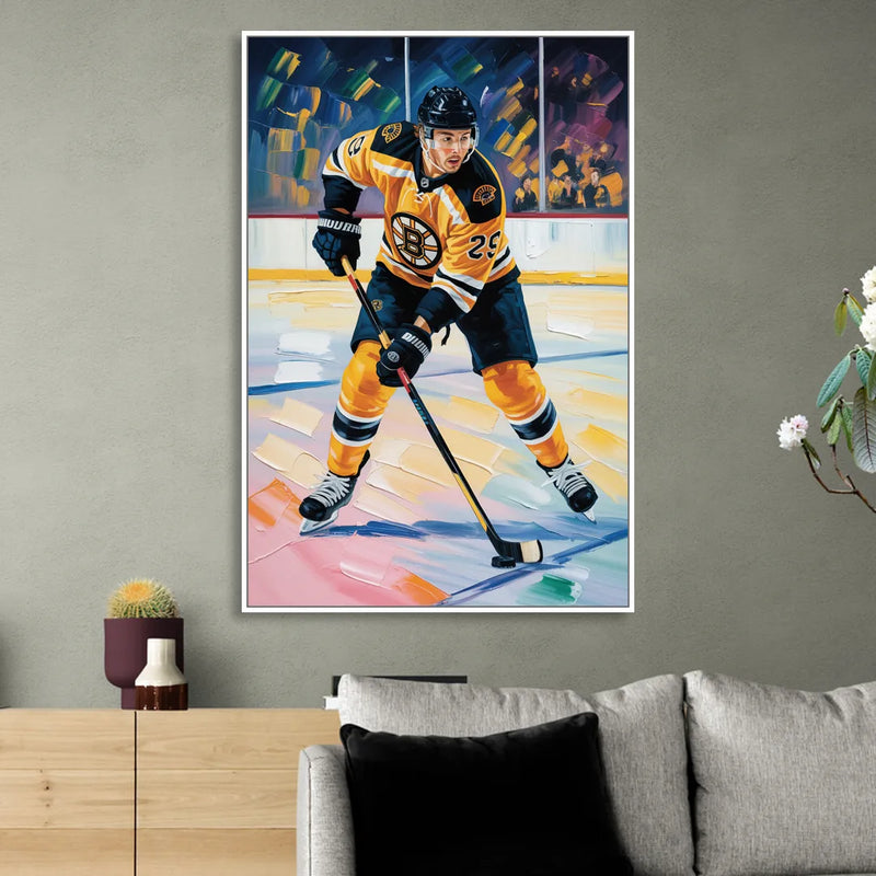 Boston Bruins Impressionistic Hockey Action Art Living Room - White Canvas Wall Art