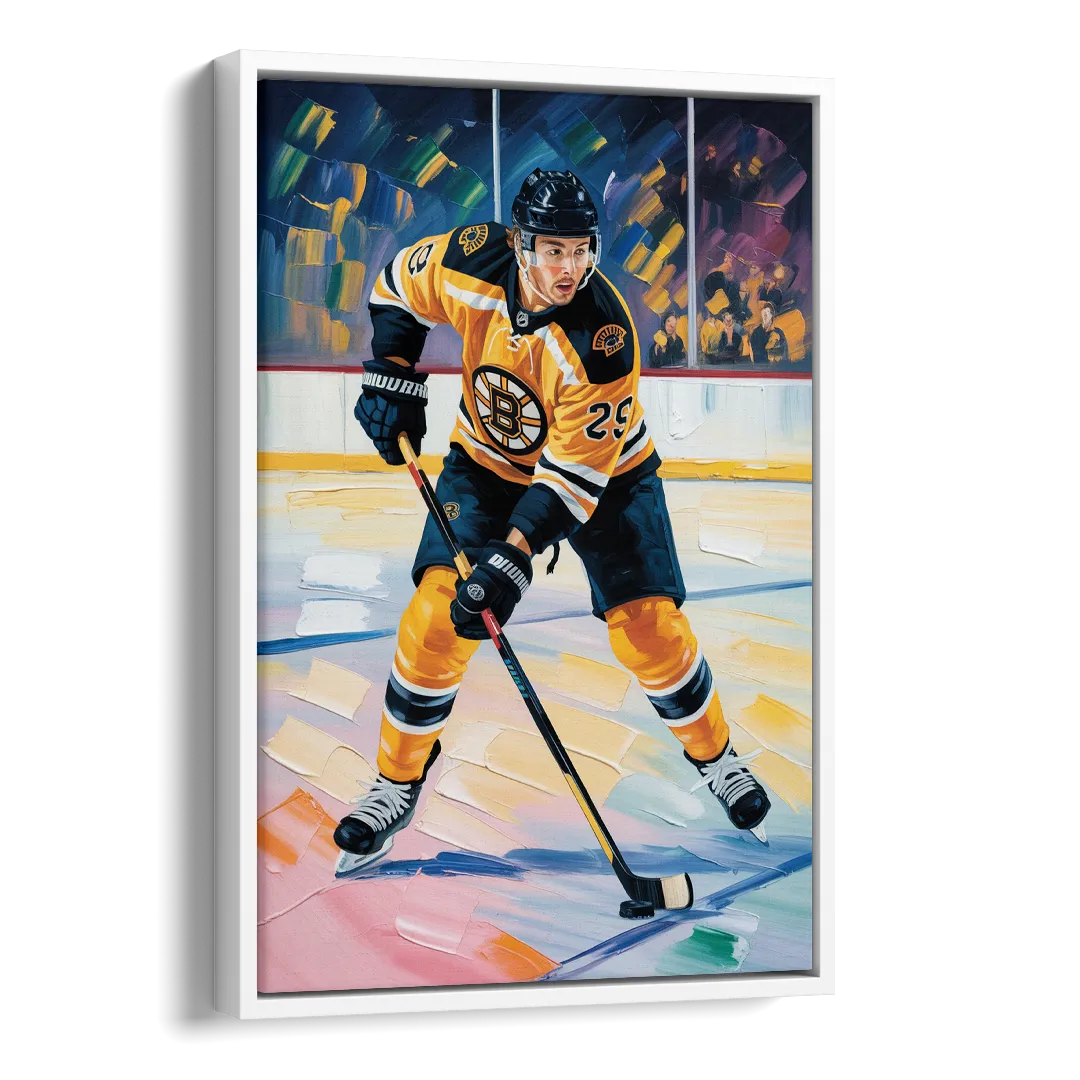 Boston Bruins Impressionistic Hockey Action Art Side - White Canvas Wall Art