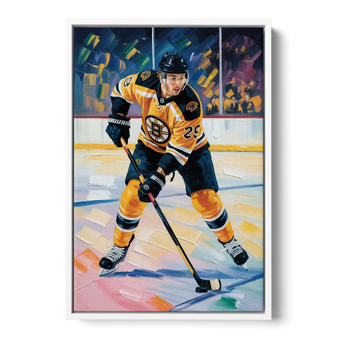 Boston Bruins Impressionistic Hockey Action Art - White Frame Canvas