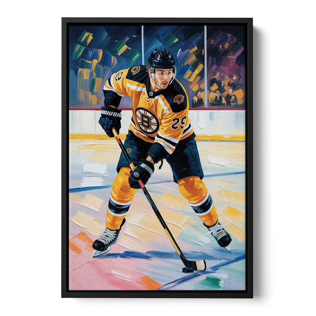 Boston Bruins Impressionistic Hockey Action Art - Black Frame Canvas