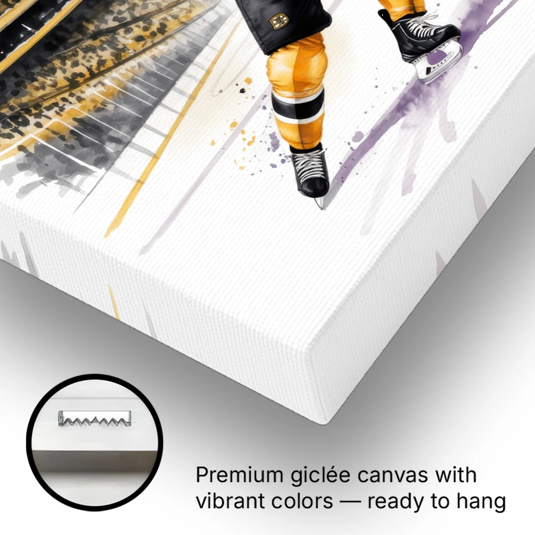 Boston Bruins Watercolor Dynamic Action at TD Garden - Canvas Wall Art - Gallery Wrap Corner
