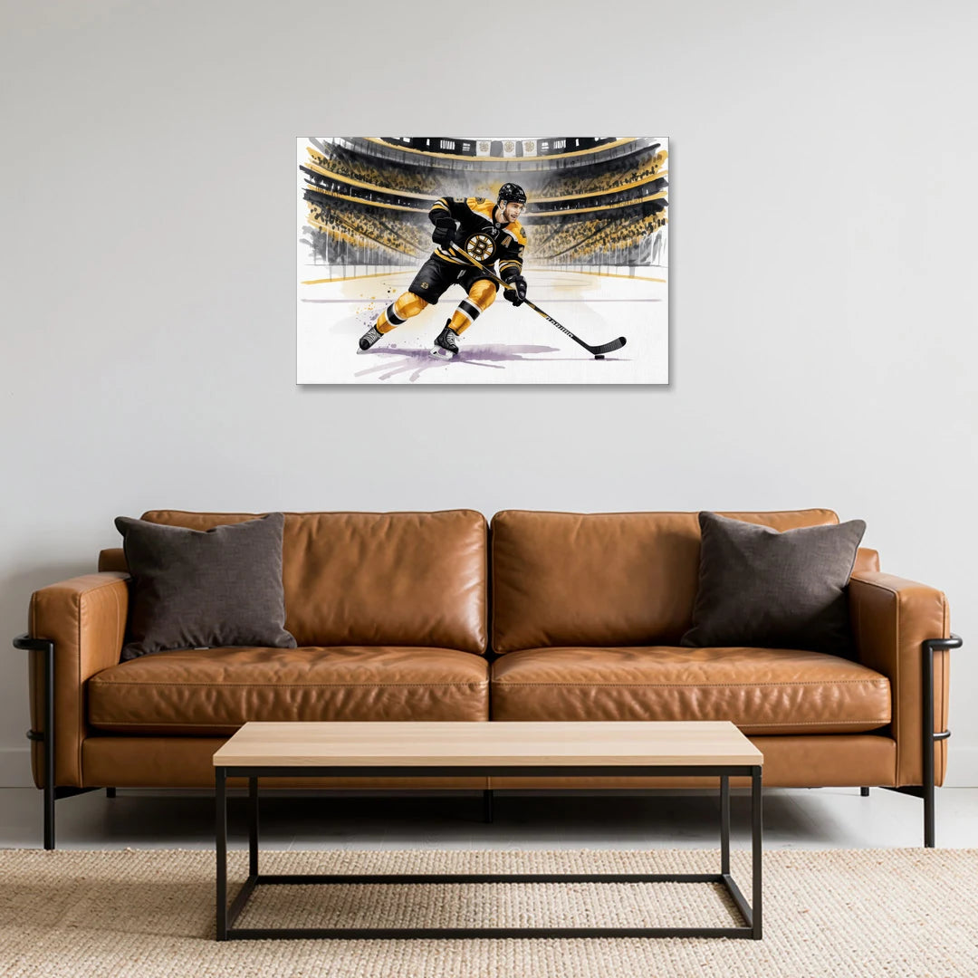 Boston Bruins Watercolor Dynamic Action at TD Garden - Canvas Wall Art - Sofa - 36x24