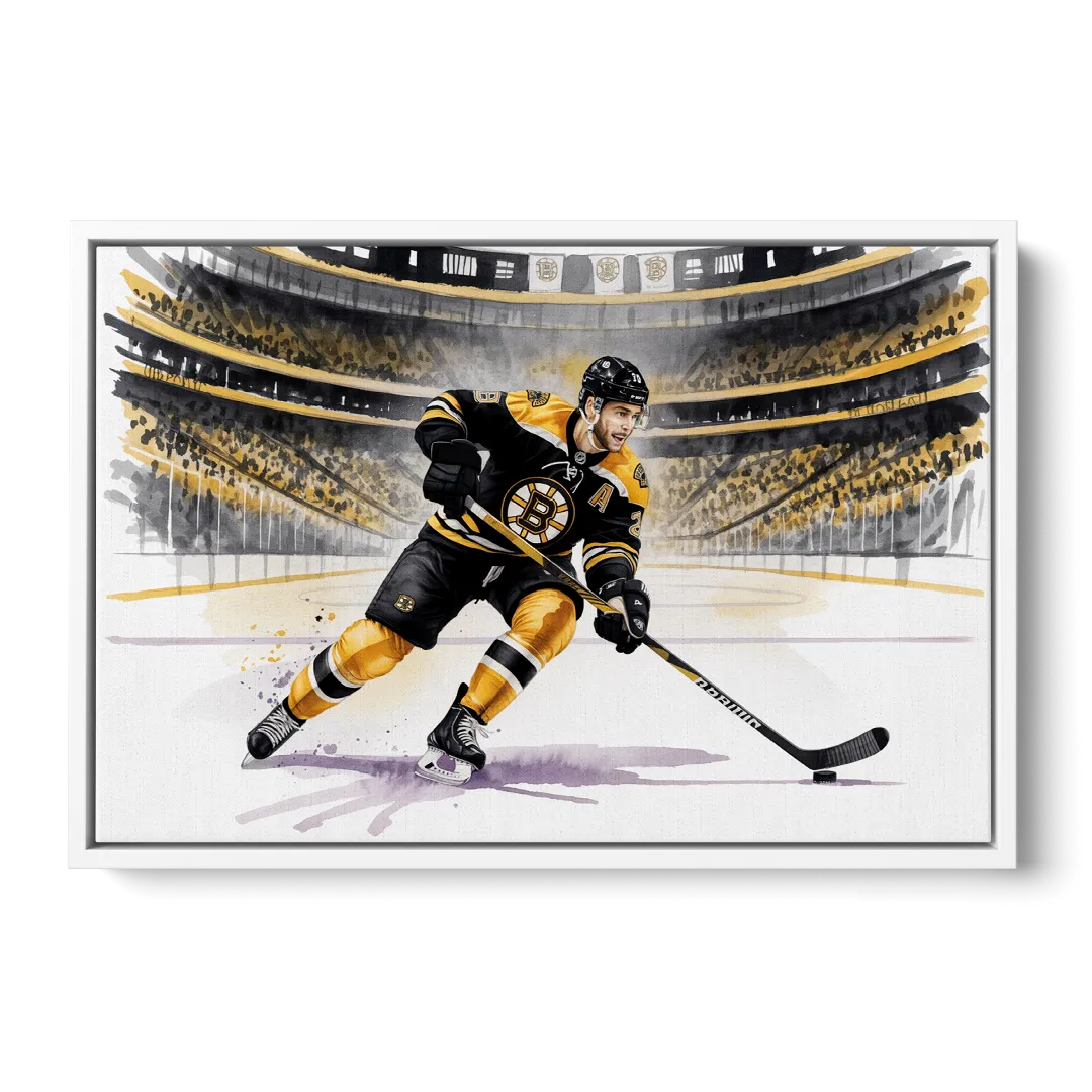 Boston Bruins Watercolor Dynamic Action at TD Garden Front - White Canvas Wall Art