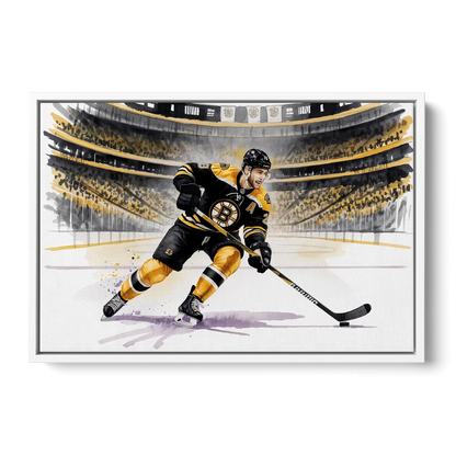 Boston Bruins Watercolor Dynamic Action at TD Garden Front - White Canvas Wall Art