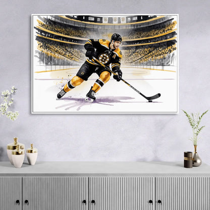 Boston Bruins Watercolor Dynamic Action at TD Garden Living Room - White Canvas Wall Art