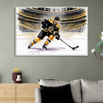 Boston Bruins Watercolor Dynamic Action at TD Garden Sitting Room - White Canvas Wall Art