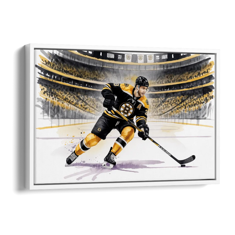 Boston Bruins Watercolor Dynamic Action at TD Garden Side - White Canvas Wall Art