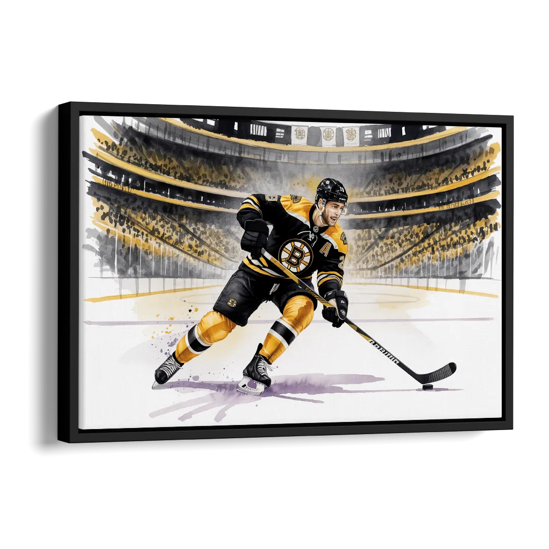 Boston Bruins Watercolor Dynamic Action at TD Garden Side - Black Canvas Wall Art
