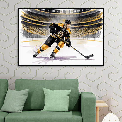 Boston Bruins Watercolor Dynamic Action at TD Garden Sitting Room - Black Canvas Wall Art