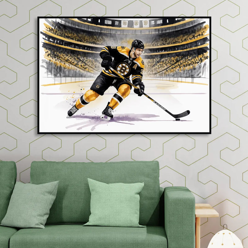 Boston Bruins Watercolor Dynamic Action at TD Garden Sitting Room - Black Canvas Wall Art