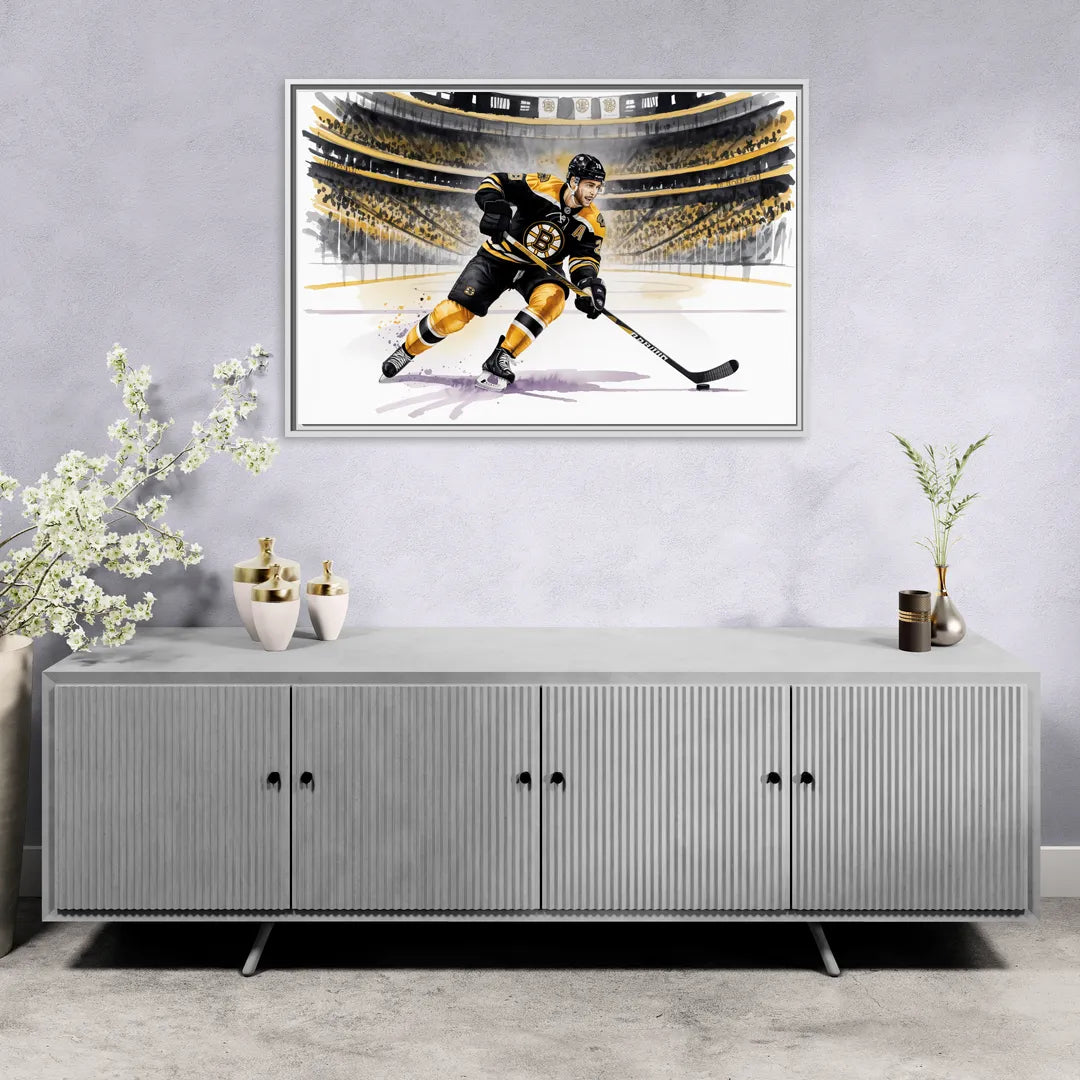 Boston Bruins Watercolor Dynamic Action at TD Garden - Living Room White Frame Canvas