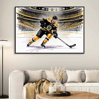 Boston Bruins Watercolor Dynamic Action at TD Garden Living Room - Black Canvas Wall Art