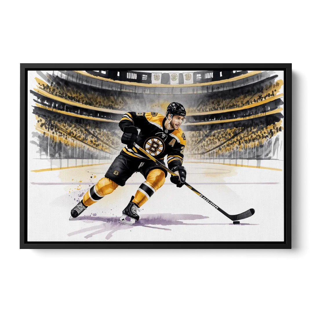 Boston Bruins Watercolor Dynamic Action at TD Garden Front - Black Canvas Wall Art