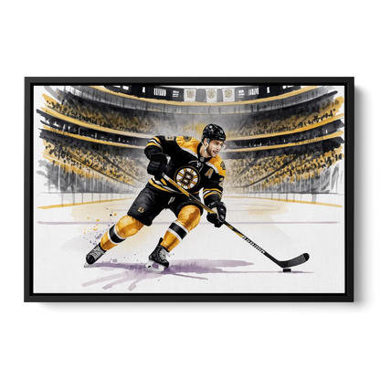 Boston Bruins Watercolor Dynamic Action at TD Garden Front - Black Canvas Wall Art