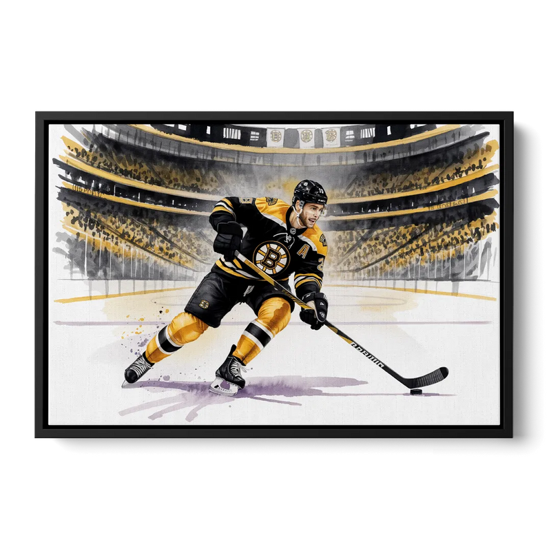 Boston Bruins Watercolor Dynamic Action at TD Garden Front - Black Canvas Wall Art