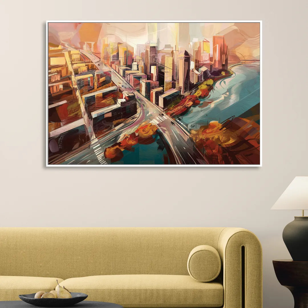 Boston City Streets Aerial View Living Room - White Canvas Wall Art