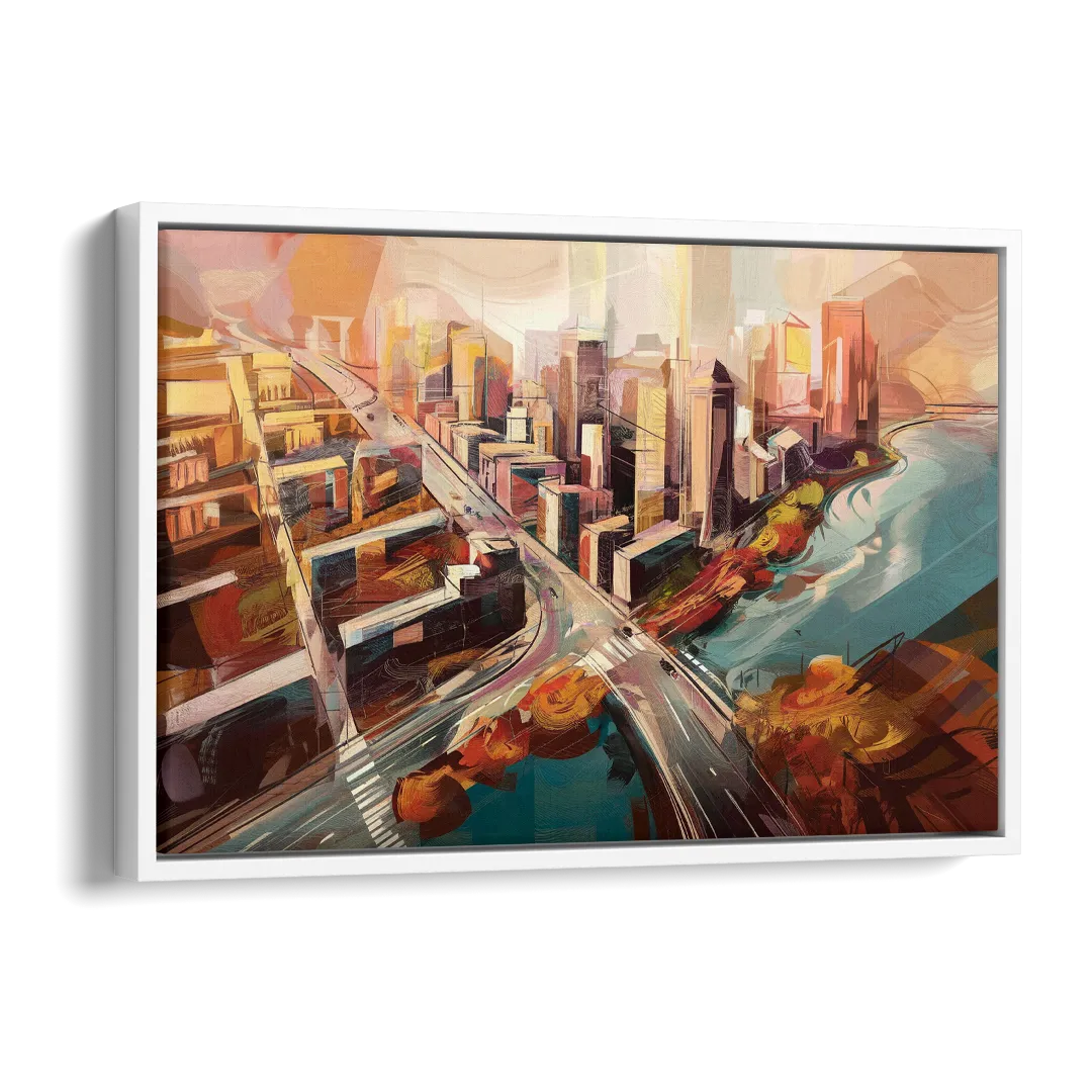 Boston City Streets Aerial View Side - White Canvas Wall Art