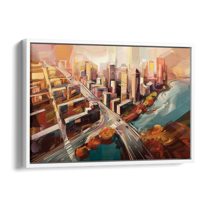 Boston City Streets Aerial View Side - White Canvas Wall Art