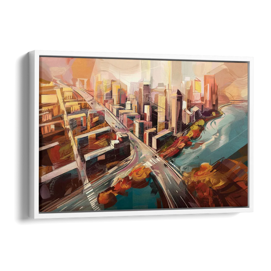Boston City Streets Aerial View Side - White Canvas Wall Art