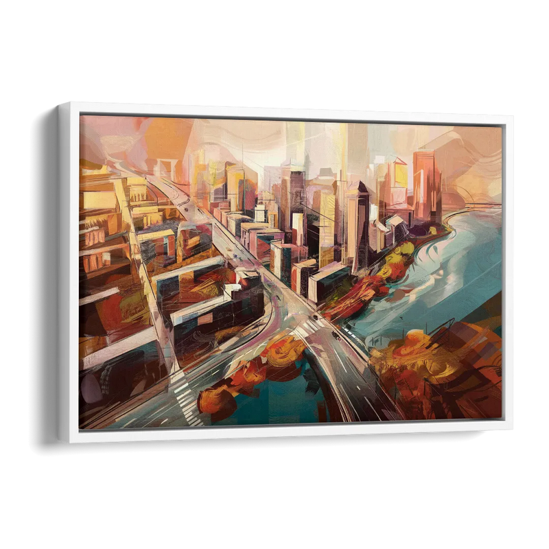 Boston City Streets Aerial View Side - White Canvas Wall Art