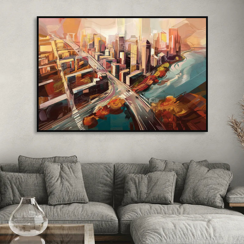 Boston City Streets Aerial View Living Room - Black Canvas Wall Art