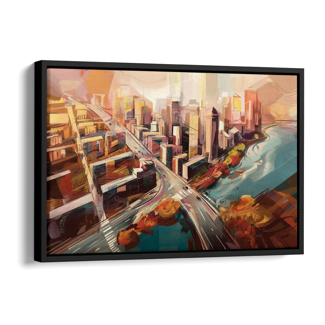 Boston City Streets Aerial View Side - Black Canvas Wall Art