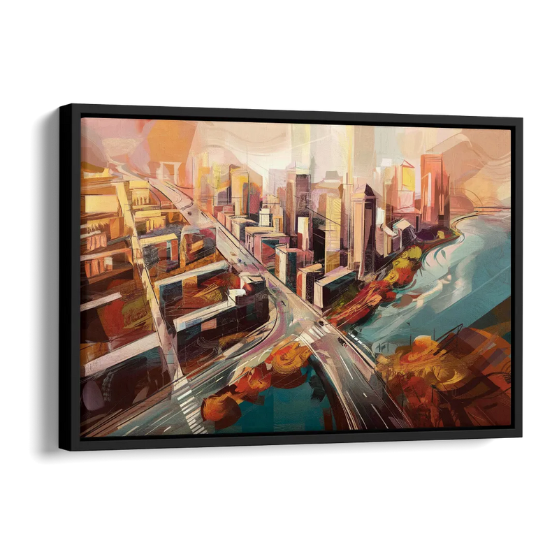 Boston City Streets Aerial View Side - Black Canvas Wall Art