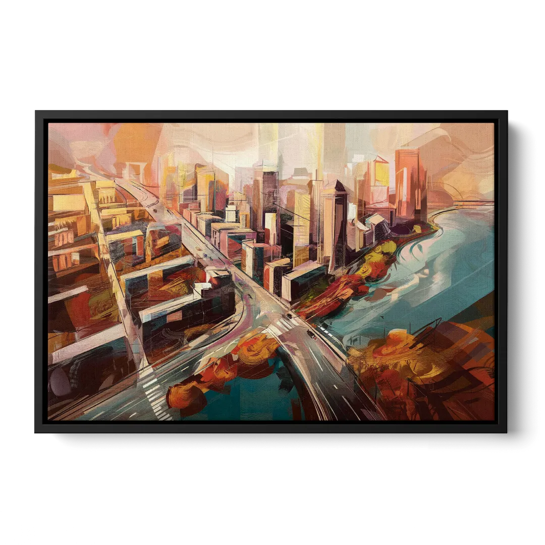 Boston City Streets Aerial View Front - Black Canvas Wall Art