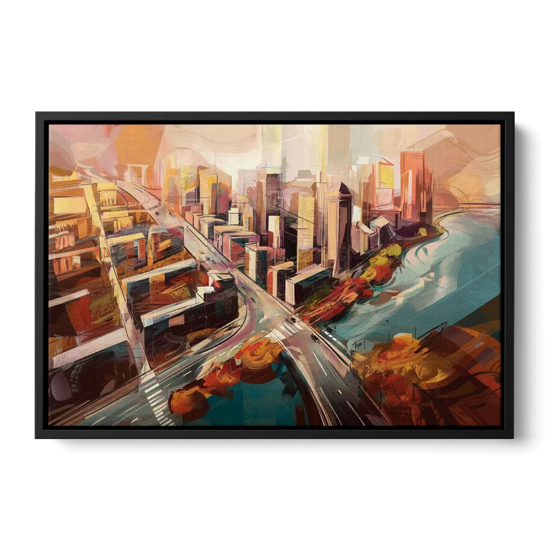 Boston City Streets Aerial View Front - Black Canvas Wall Art