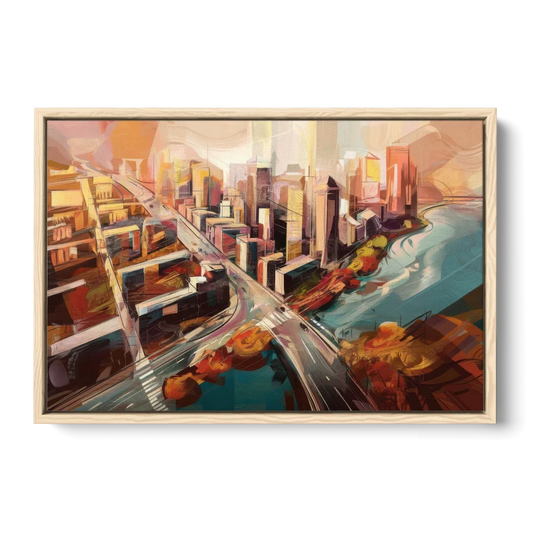 Boston City Streets Aerial View - Oak Framed Canvas Wall Art - Front