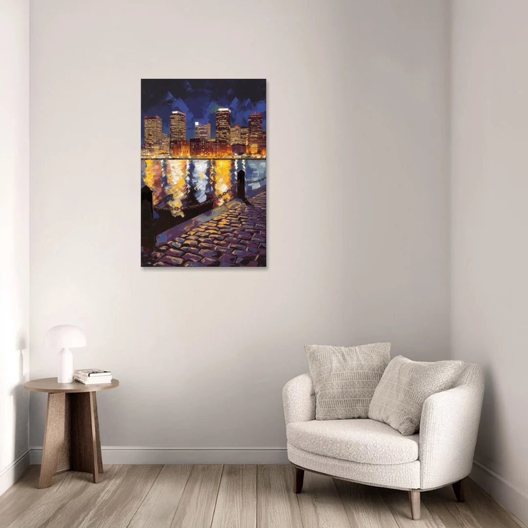 Boston Downtown Night Lights - Canvas Wall Art - Sofa - 24x36
