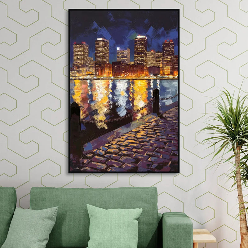 Boston Downtown Night Lights Sitting Room - Black Canvas Wall Art