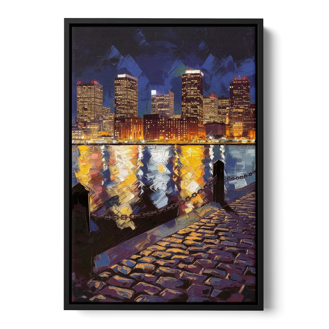 Boston Downtown Night Lights Front - Black Canvas Wall Art