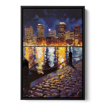 Boston Downtown Night Lights Front - Black Canvas Wall Art