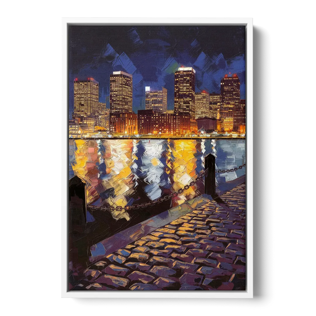 Boston Downtown Night Lights Front - White Canvas Wall Art