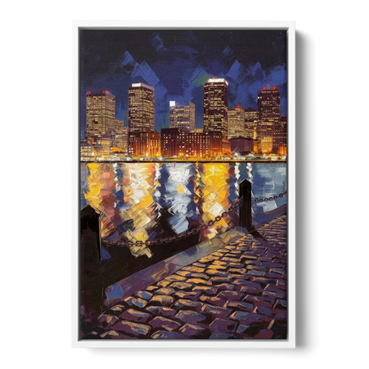 Boston Downtown Night Lights Front - White Canvas Wall Art
