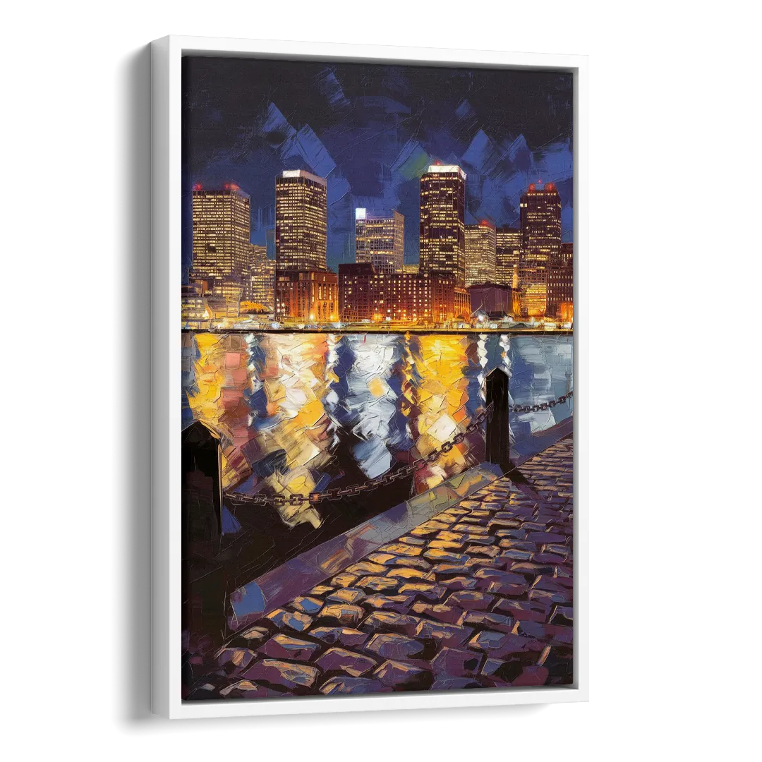 Boston Downtown Night Lights Side - White Canvas Wall Art
