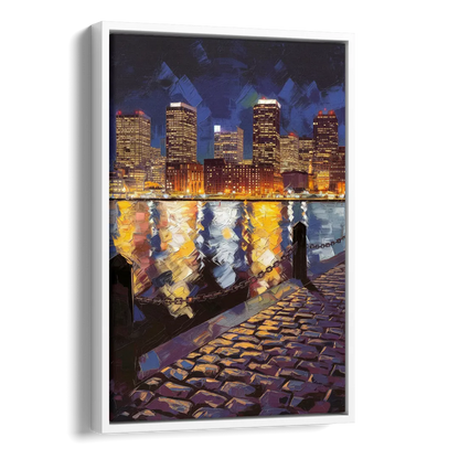 Boston Downtown Night Lights Side - White Canvas Wall Art