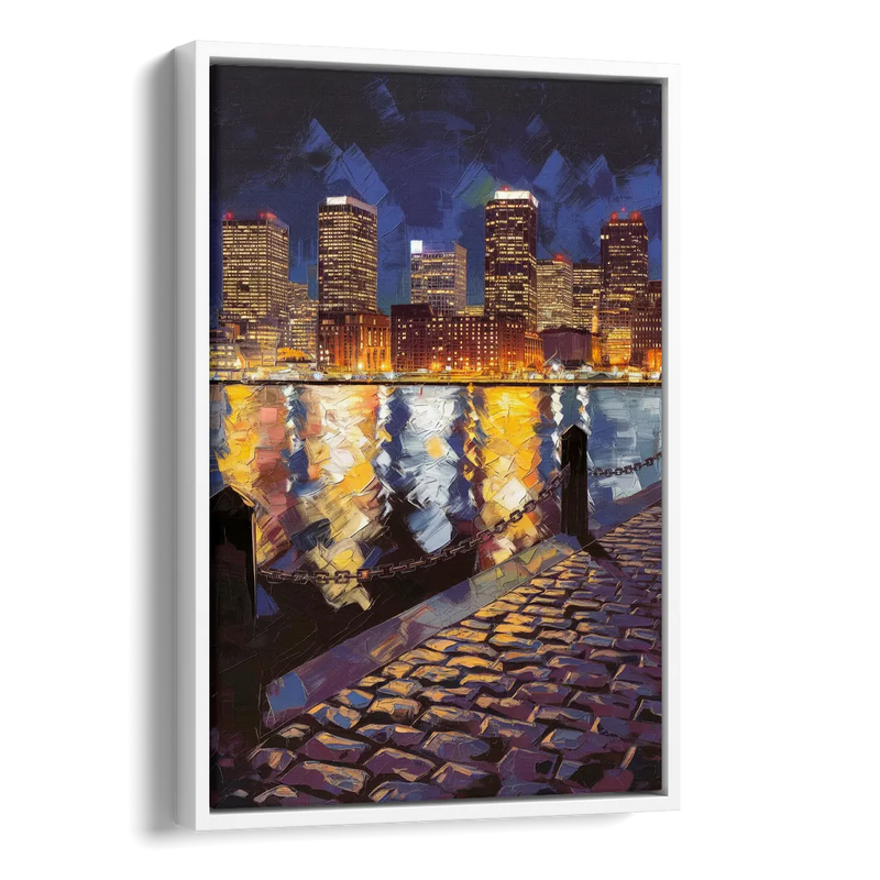 Boston Downtown Night Lights Side - White Canvas Wall Art