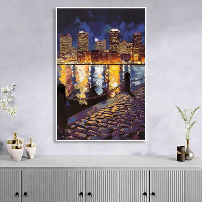 Boston Downtown Night Lights Living Room - White Canvas Wall Art