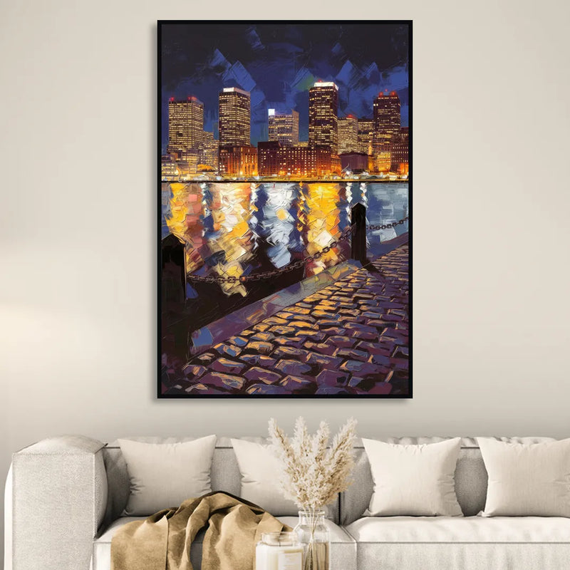 Boston Downtown Night Lights Living Room - Black Canvas Wall Art