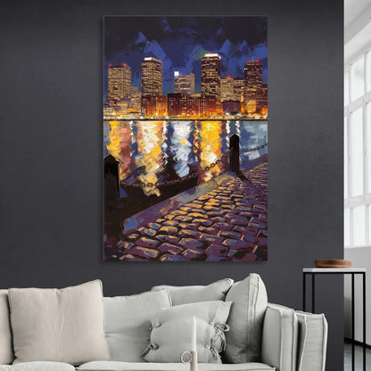Boston Downtown Night Lights Living Room - Canvas Wall Art