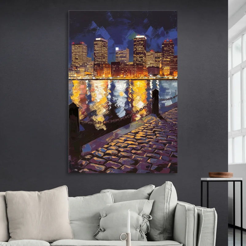 Boston Downtown Night Lights Living Room - Canvas Wall Art