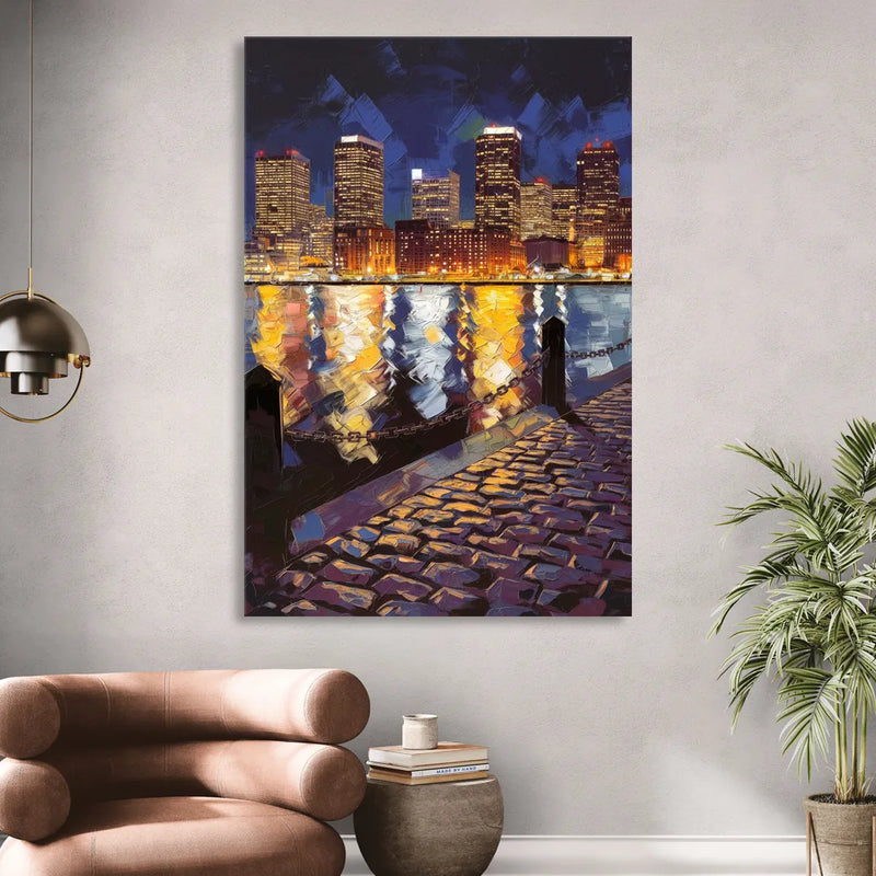 Boston Downtown Night Lights Sitting Room - Canvas Wall Art