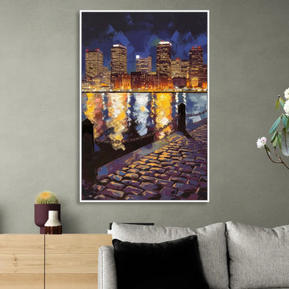 Boston Downtown Night Lights Sitting Room - White Canvas Wall Art