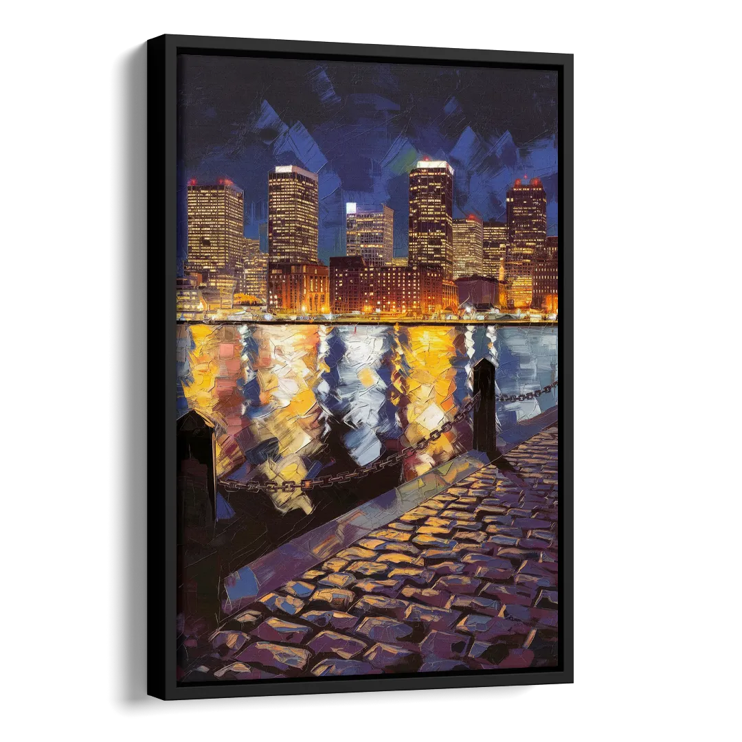 Boston Downtown Night Lights Side - Black Canvas Wall Art