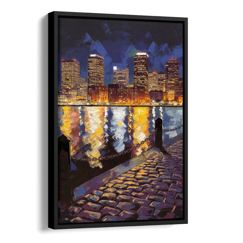 Boston Downtown Night Lights Side - Black Canvas Wall Art