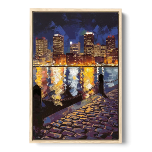 Boston Downtown Night Lights - Oak Framed Canvas Wall Art - Front