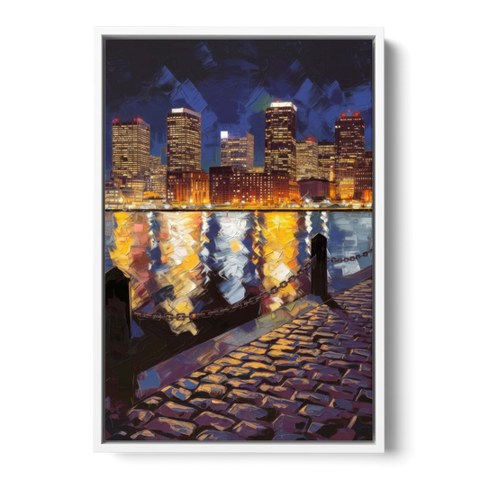 Boston Downtown Night Lights - White Framed Canvas Wall Art - Front