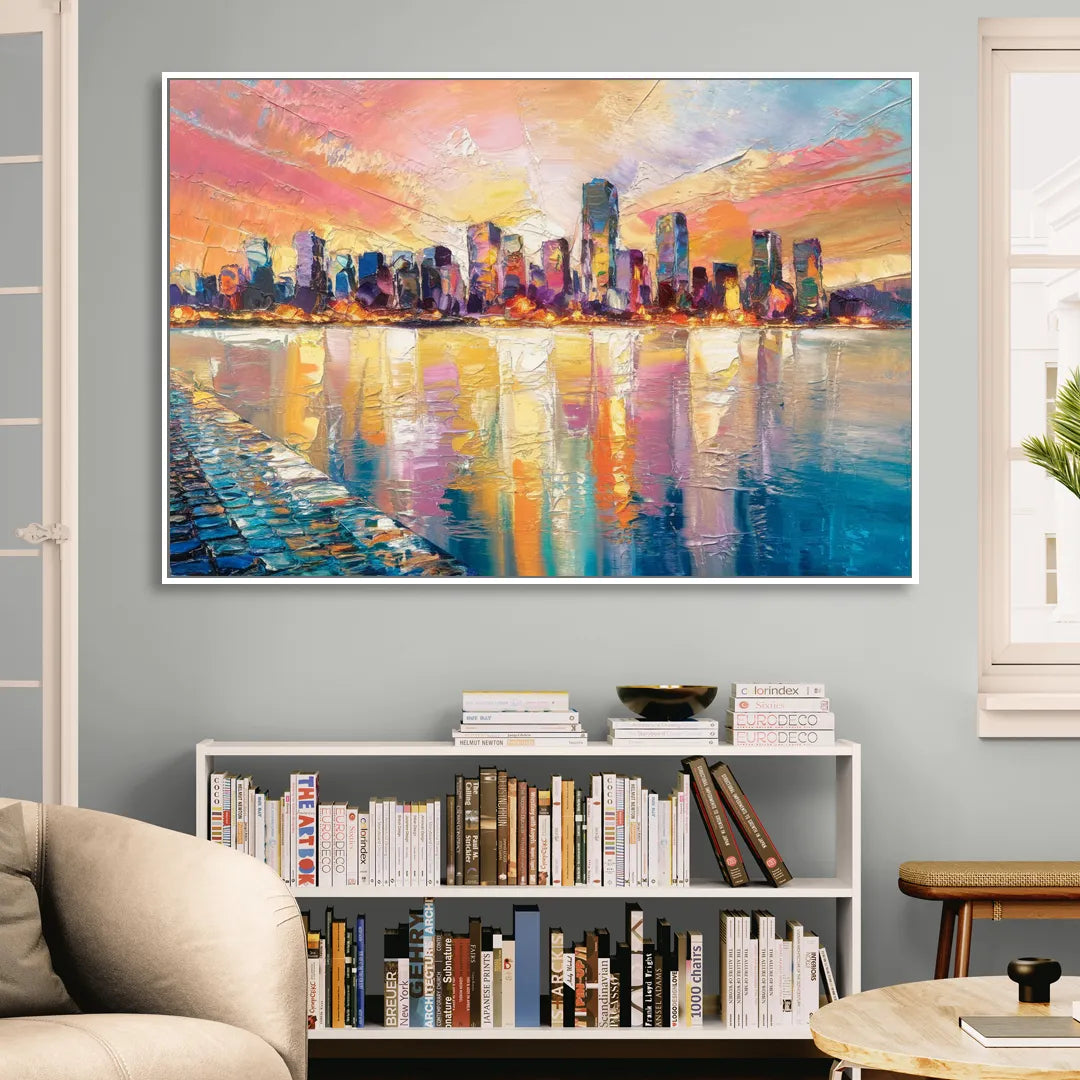 Boston Harbor Sunrise Sitting Room - White Canvas Wall Art